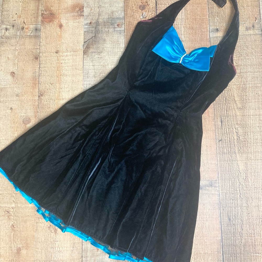 Black Velvet Halter Dress with Teal Accents